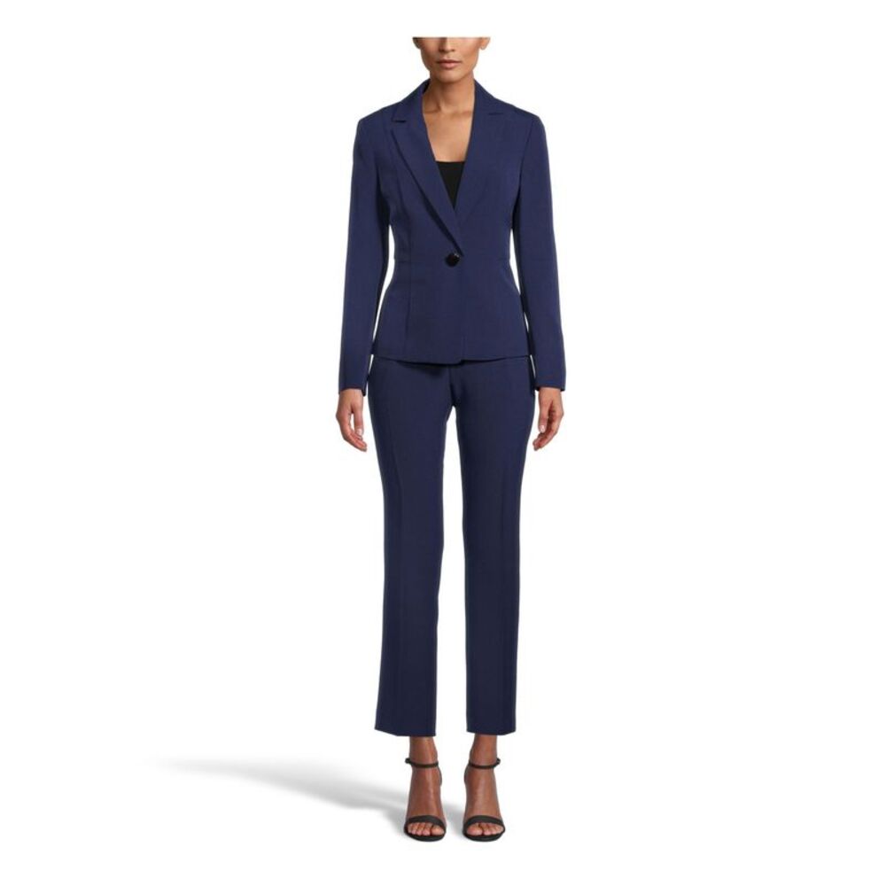 NWT LE SUIT Womens Navy Lined Shoulder Pads Blazer Straight leg Pant Suit 14